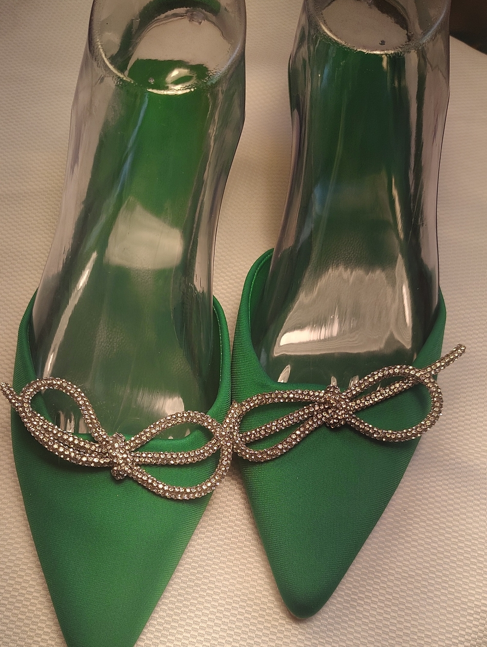 Emerald Green Pointed Toe Flats with Crystal Bow Accent